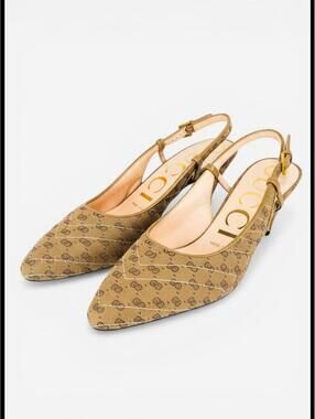 Gucci GG Marmont Canvas Slingback Pump Beige Ebony Gold EU 36 US 6 NIB